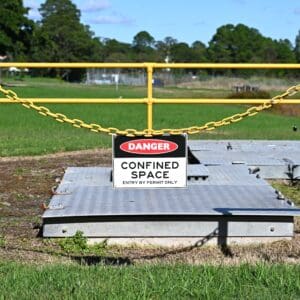 A sign that says confined space is posted on the ground.