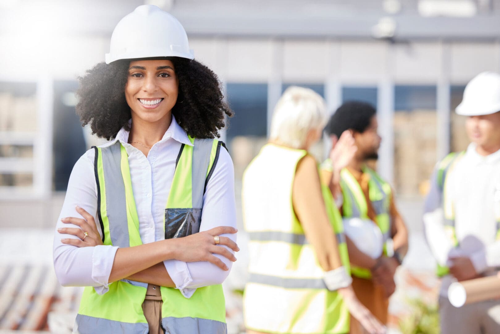 Smiling woman in hard hat on construction site.